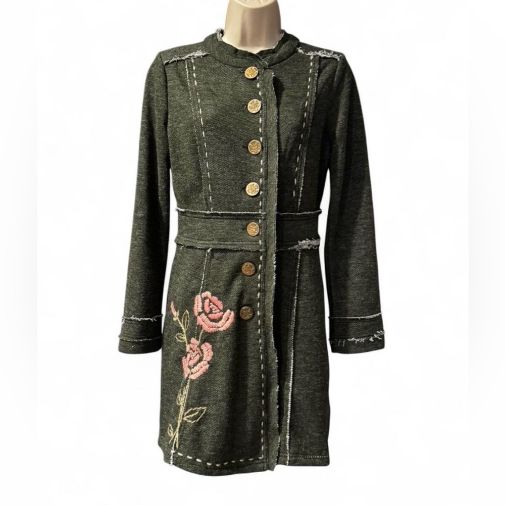 Nick & Mo Embroidered Rose Military Coat Jacket Green Boho S